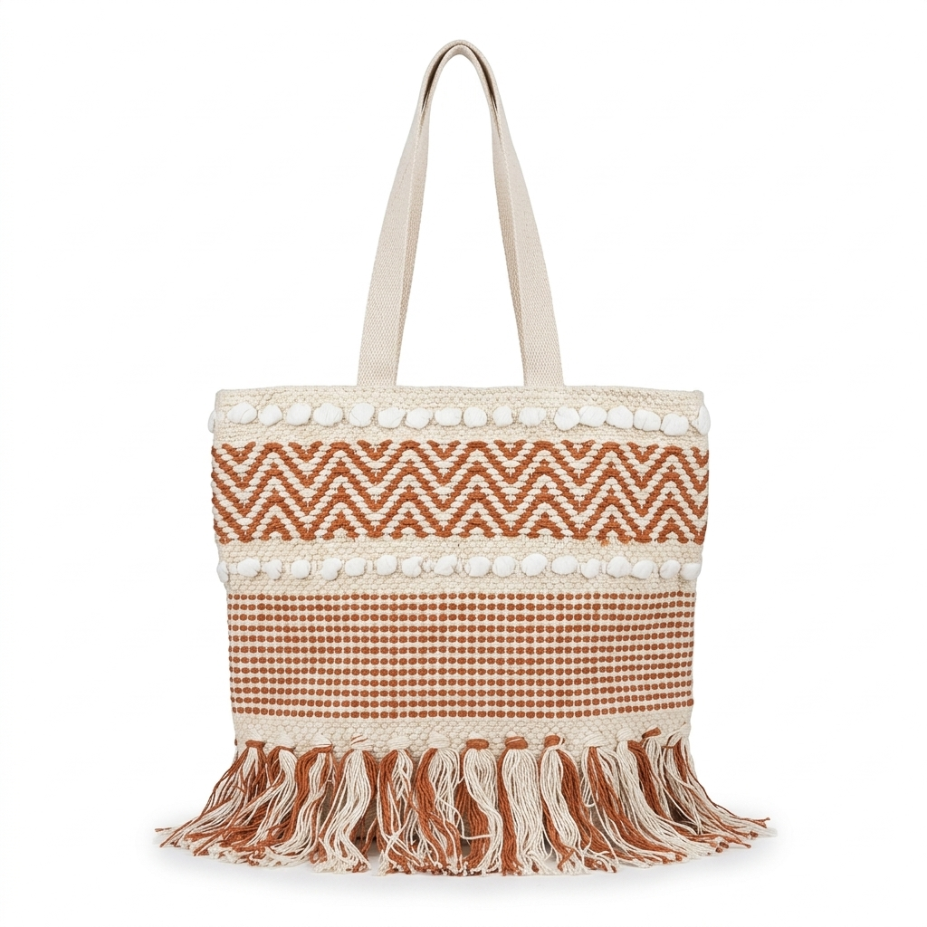 Boho Cotton Tote Bag for Women | Handmade Fringe Shoulder Bag | Stylish Beige & Rust Woven Handbag for Shopping, Travel & Daily Use