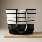 Women’s Black & White Striped Tote Bag Stylish Shoulder Bag for Travel & Daily Use