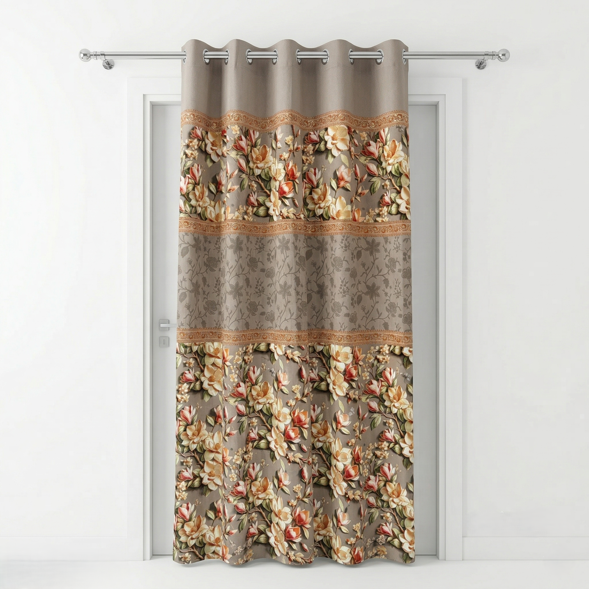 Floral patterned curtain with a metal rod on a white background