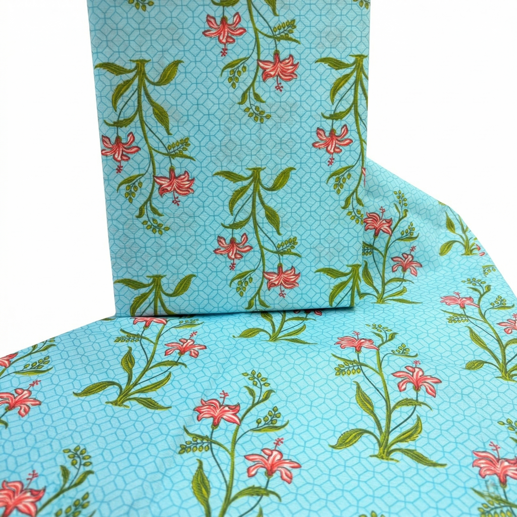 Cotton Bedsheet with 2 Pillow Covers Soft Breathable Aqua Blue Floral Design Double Bed