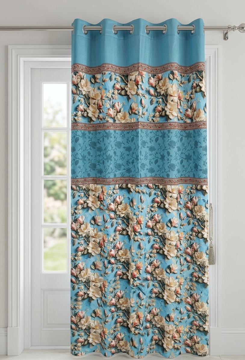 Magnolia Blossom 7D Embroidered Eyelet Curtain Panel Ocean Blue 7ft
