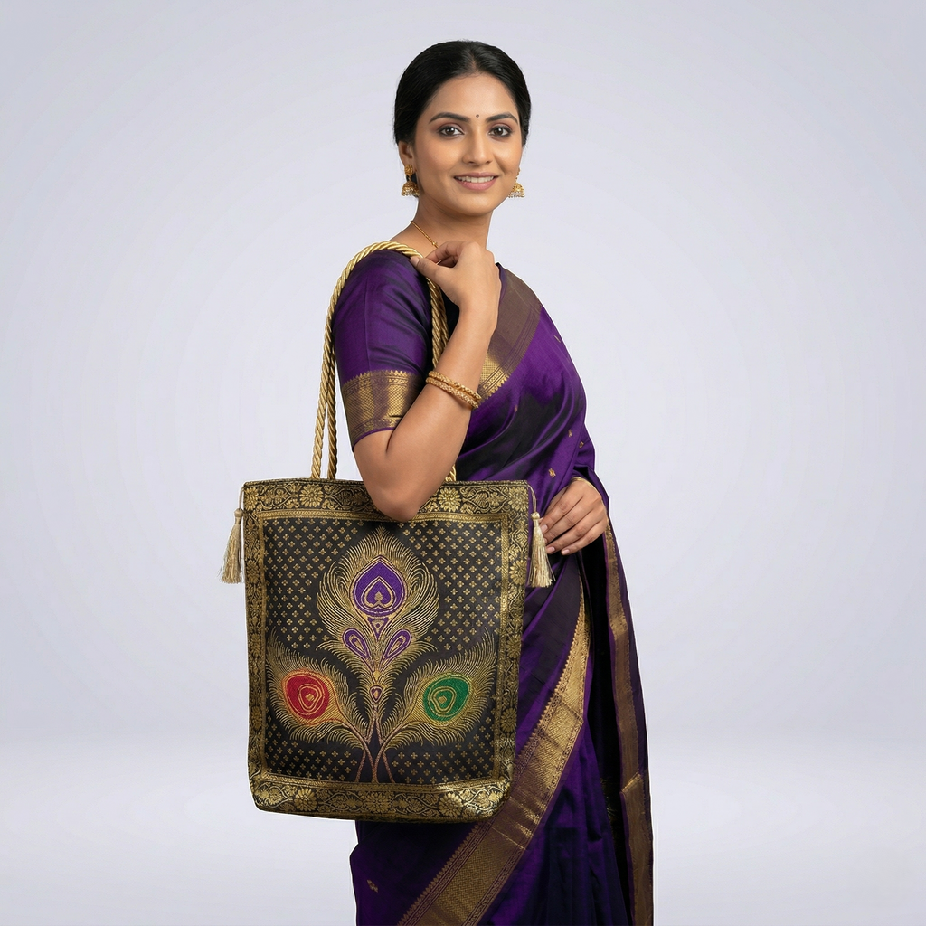 Royal Peacock Embroidered Ethnic Tote Bag for Women with Golden Handles Designer Festive & Wedding Shoulder Bag