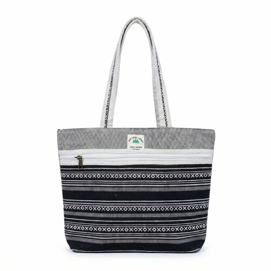 Premium Hemp Fabric Women's Tote Bag with Zipper Black & White Printed Travel & Daily Use