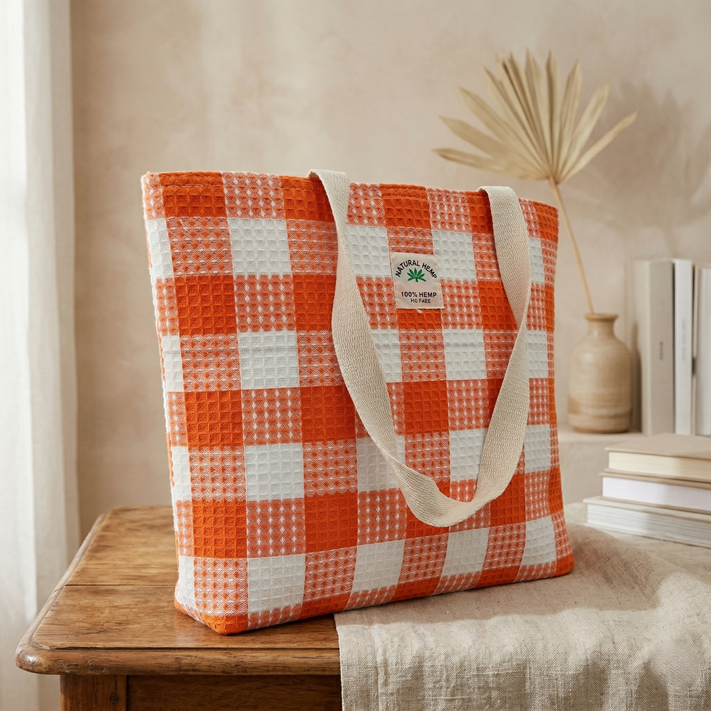 Orange Checkered Hemp Tote Bag for Women | Eco-Friendly Large Capacity Shoulder Bag | Stylish Reusable Shopping & Travel Handbag