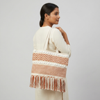Boho Cotton Tote Bag for Women | Handmade Fringe Shoulder Bag | Stylish Beige & Rust Woven Handbag for Shopping, Travel & Daily Use