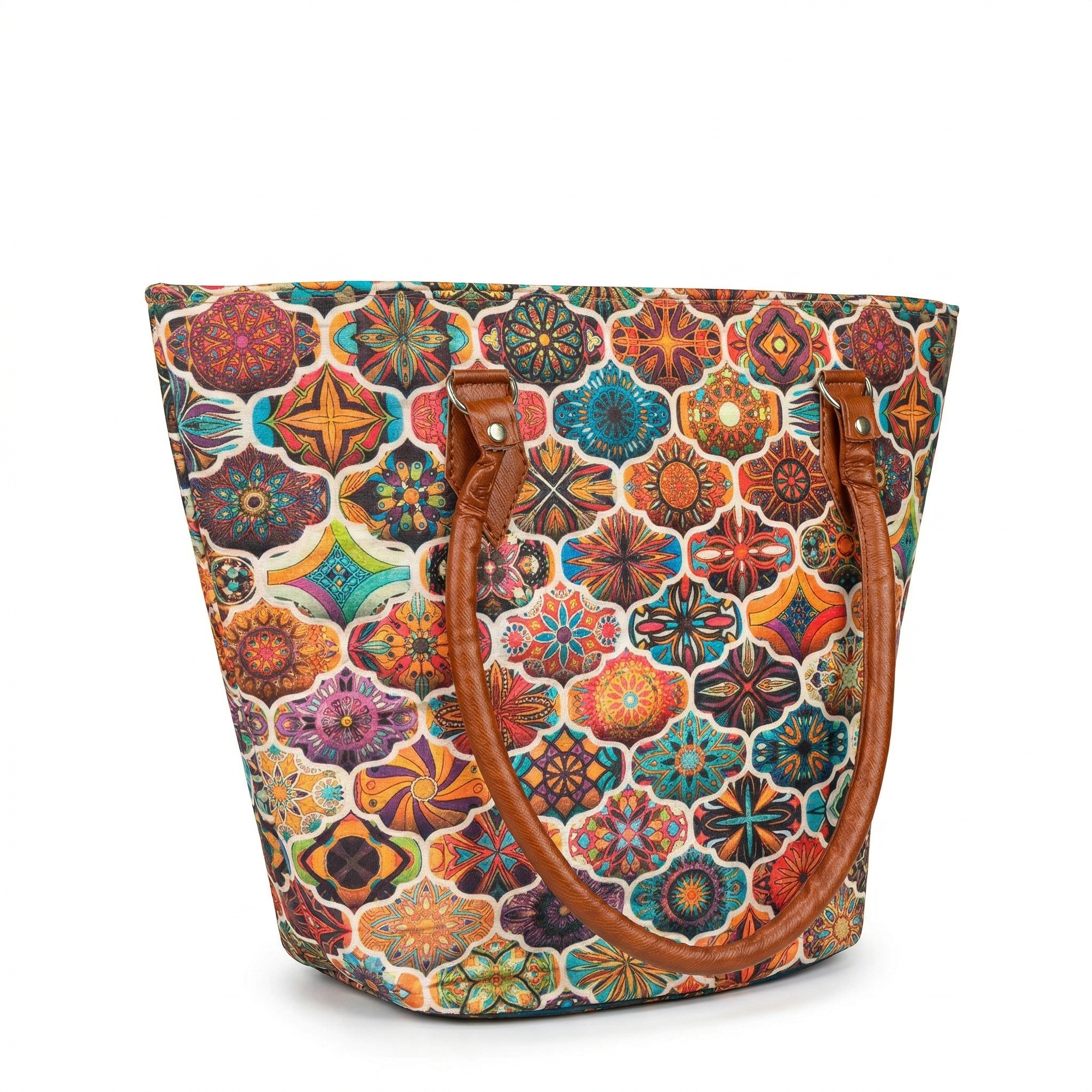 Colorful Moroccan Pattern Tote Bag with Brown Leather Handles