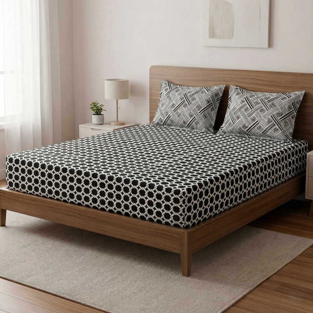 Cotton Bedsheet with 2 Pillow Covers Soft Breathable Double Bed Black Geometric Design