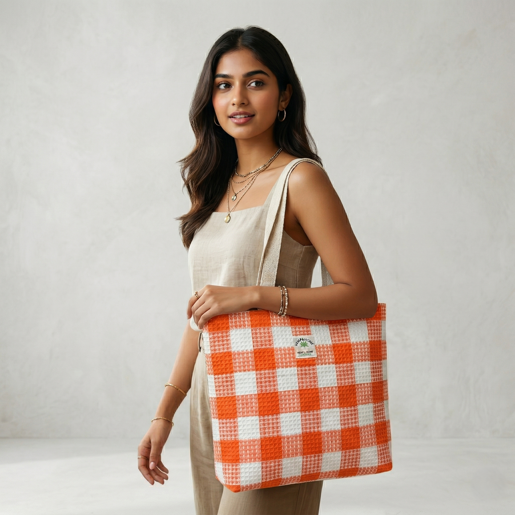 Orange Checkered Hemp Tote Bag for Women | Eco-Friendly Large Capacity Shoulder Bag | Stylish Reusable Shopping & Travel Handbag