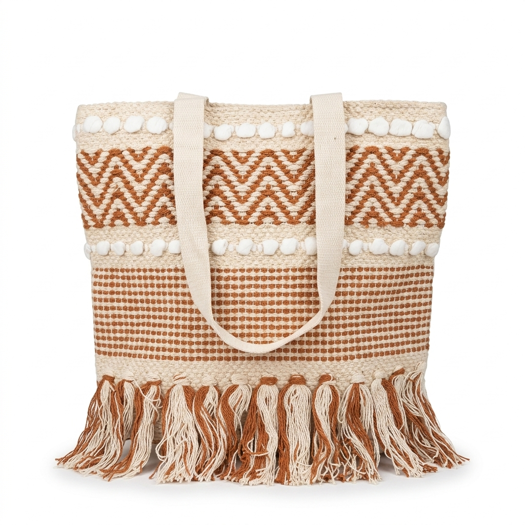 Boho Cotton Tote Bag for Women | Handmade Fringe Shoulder Bag | Stylish Beige & Rust Woven Handbag for Shopping, Travel & Daily Use