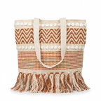 Boho Cotton Tote Bag for Women | Handmade Fringe Shoulder Bag | Stylish Beige & Rust Woven Handbag for Shopping, Travel & Daily Use