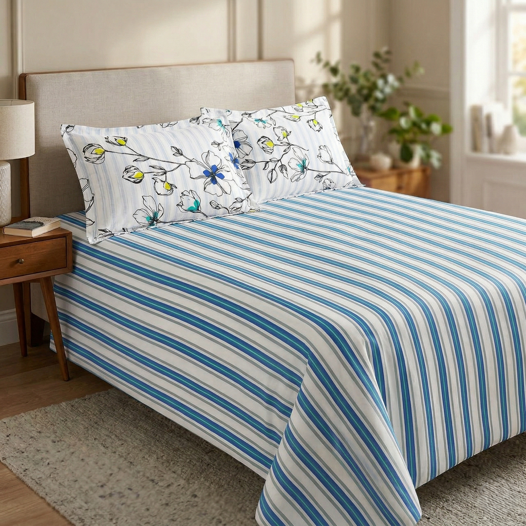Premium Cotton Bedsheet with 2 Pillow Covers Soft Breathable Double Bed Sheet Blue Stripe Design