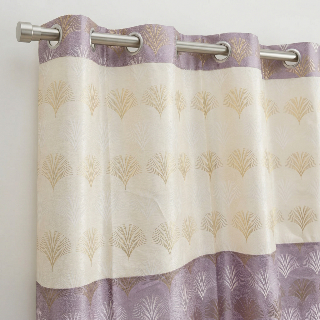 Elegant Gold Palm Leaf Eyelet Curtain Mauve & Cream Curtain 7ft