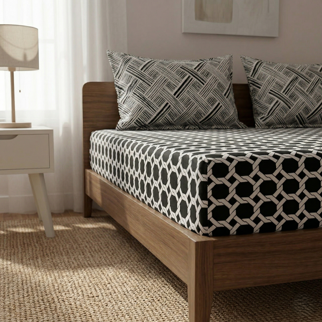 Cotton Bedsheet with 2 Pillow Covers Soft Breathable Double Bed Black Geometric Design