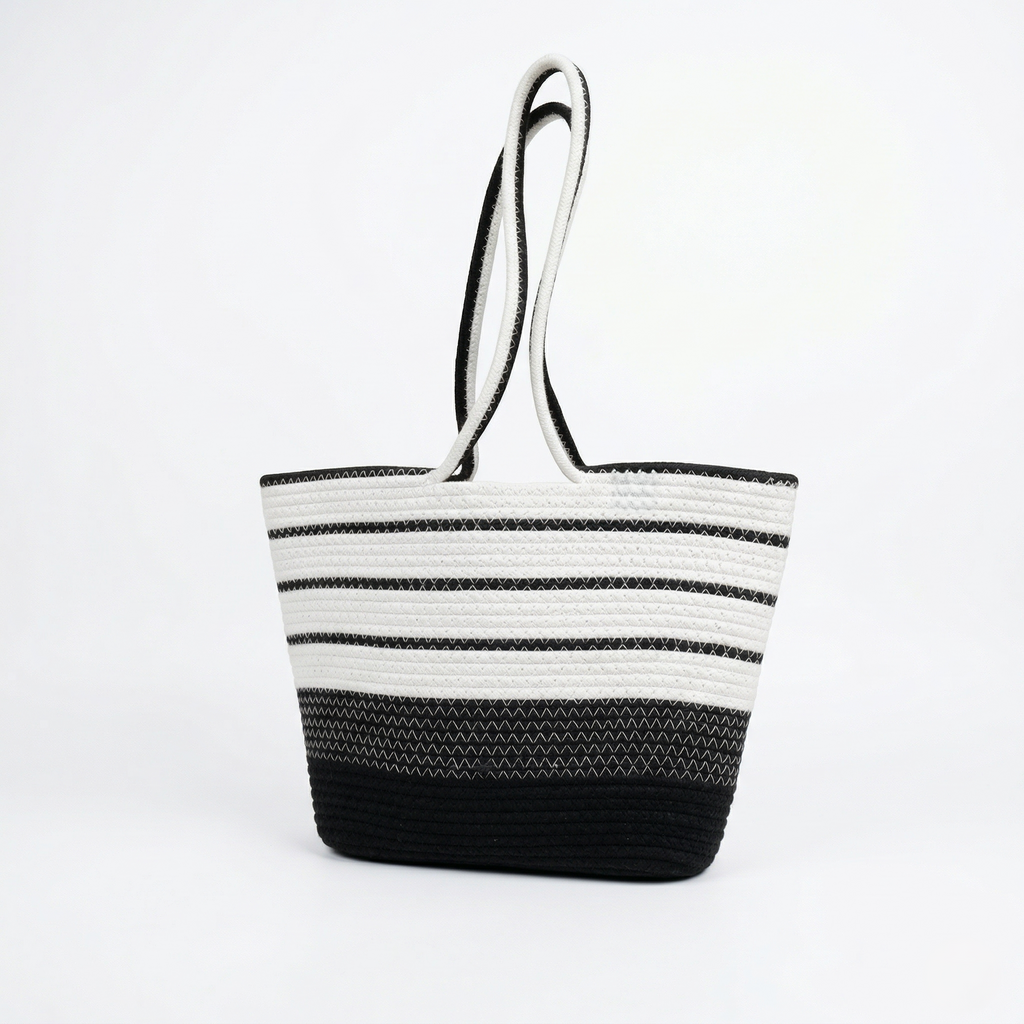 Women’s Black & White Striped Tote Bag Stylish Shoulder Bag for Travel & Daily Use