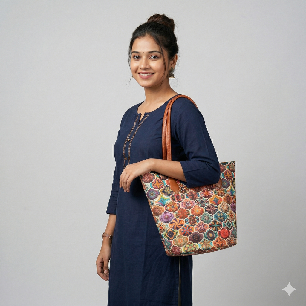 Colorful Moroccan Pattern Tote Bag with Brown Leather Handles