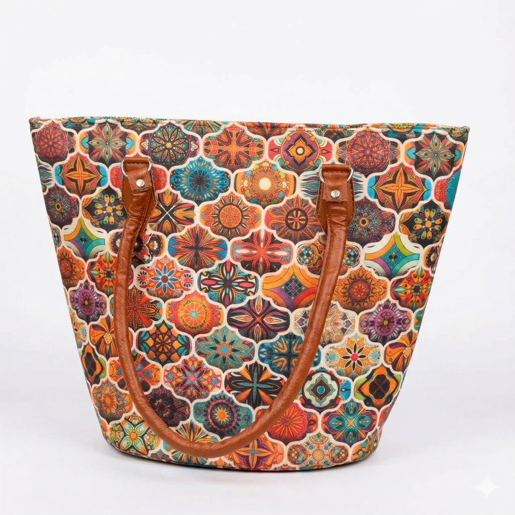 Colorful Moroccan Pattern Tote Bag with Brown Leather Handles