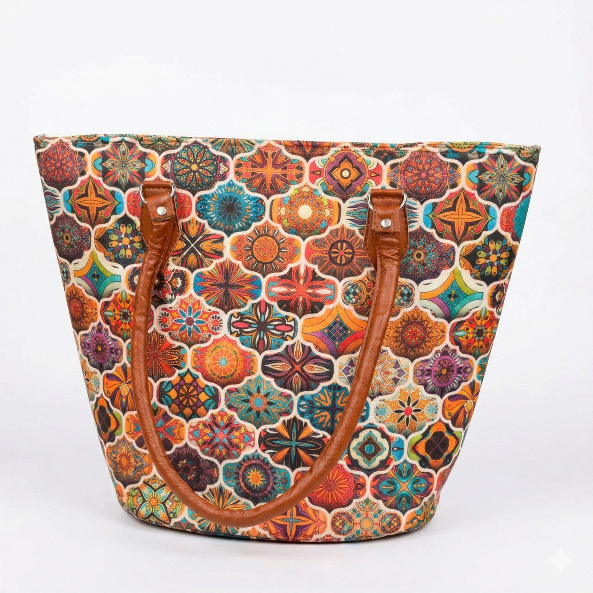 Colorful Moroccan Pattern Tote Bag with Brown Leather Handles