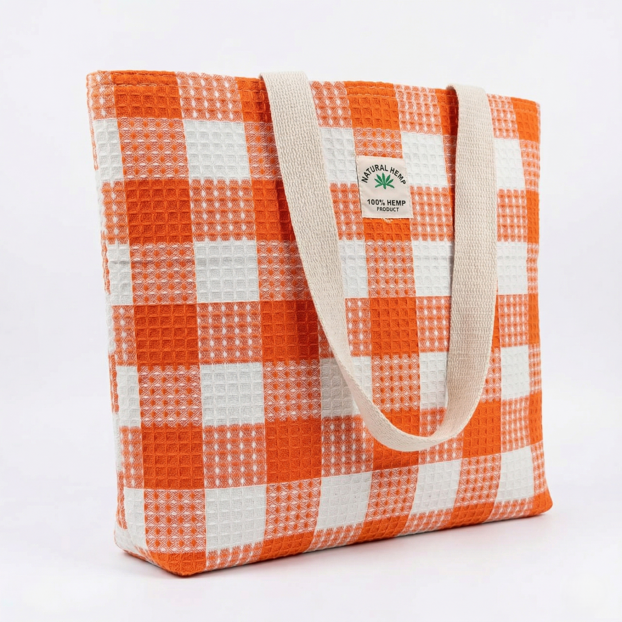 Orange Checkered Hemp Tote Bag for Women | Eco-Friendly Large Capacity Shoulder Bag | Stylish Reusable Shopping & Travel Handbag