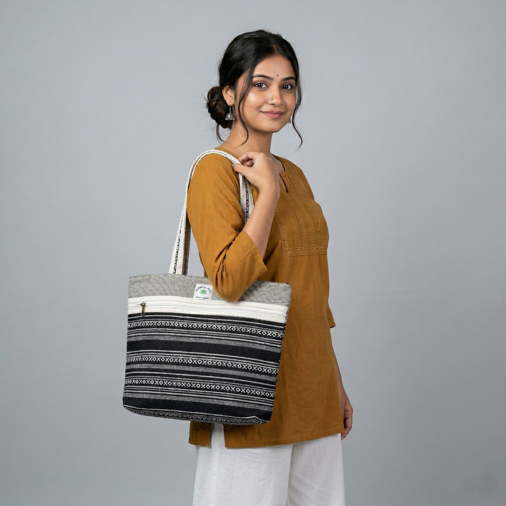 Premium Hemp Fabric Women's Tote Bag with Zipper Black & White Printed Travel & Daily Use
