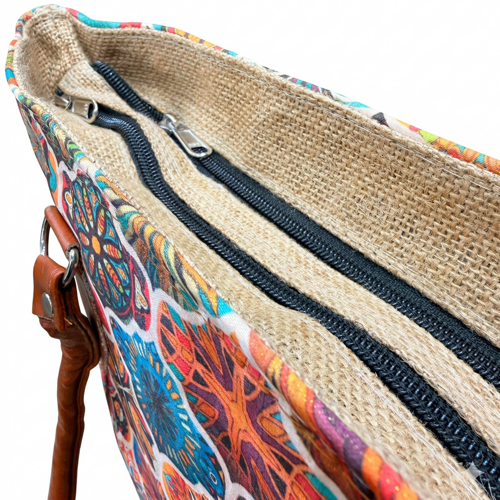Colorful Moroccan Pattern Tote Bag with Brown Leather Handles
