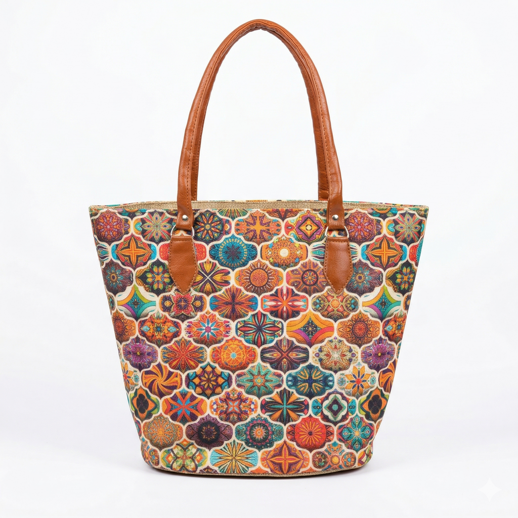 Colorful Moroccan Pattern Tote Bag with Brown Leather Handles