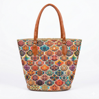 Colorful Moroccan Pattern Tote Bag with Brown Leather Handles