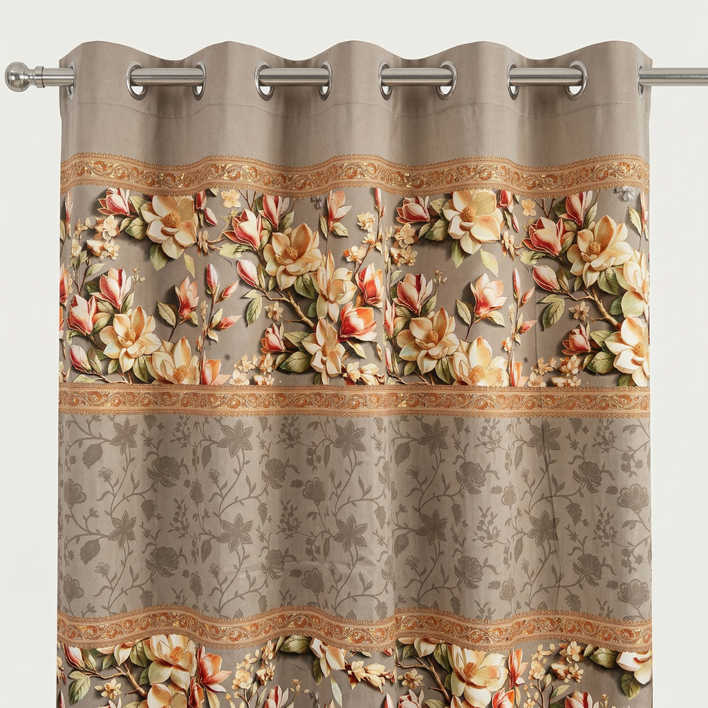 Floral patterned curtain with decorative trim on a plain background
