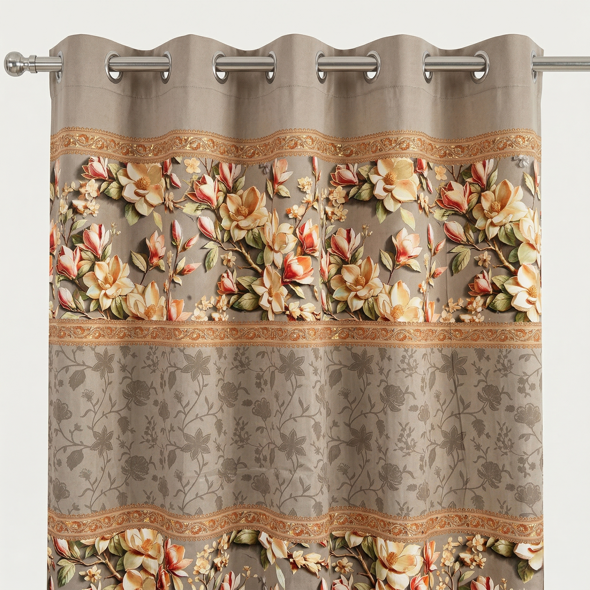 Floral patterned curtain with decorative trim on a plain background