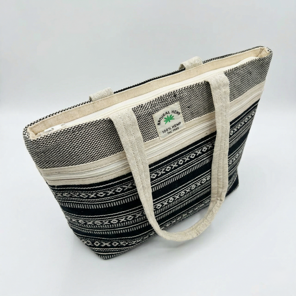 Premium Hemp Fabric Women's Tote Bag with Zipper Black & White Printed Travel & Daily Use