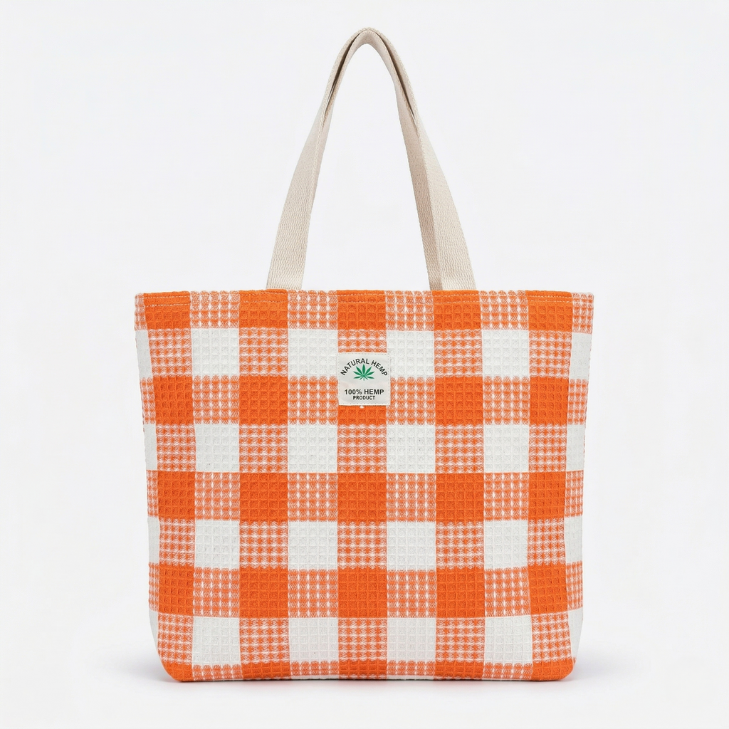 Orange Checkered Hemp Tote Bag for Women | Eco-Friendly Large Capacity Shoulder Bag | Stylish Reusable Shopping & Travel Handbag