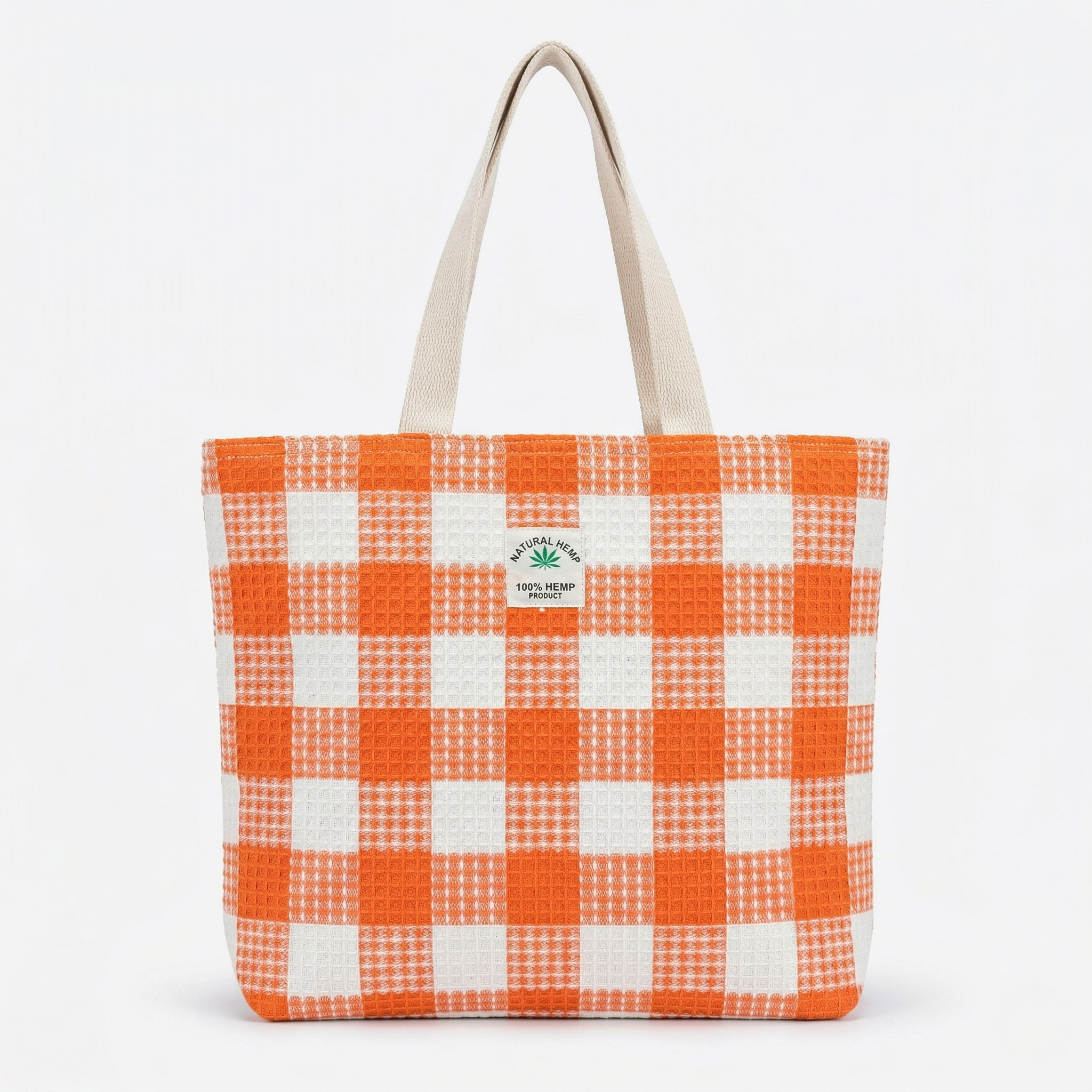 Orange Checkered Hemp Tote Bag for Women | Eco-Friendly Large Capacity Shoulder Bag | Stylish Reusable Shopping & Travel Handbag