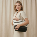 Women’s Black & White Striped Tote Bag Stylish Shoulder Bag for Travel & Daily Use