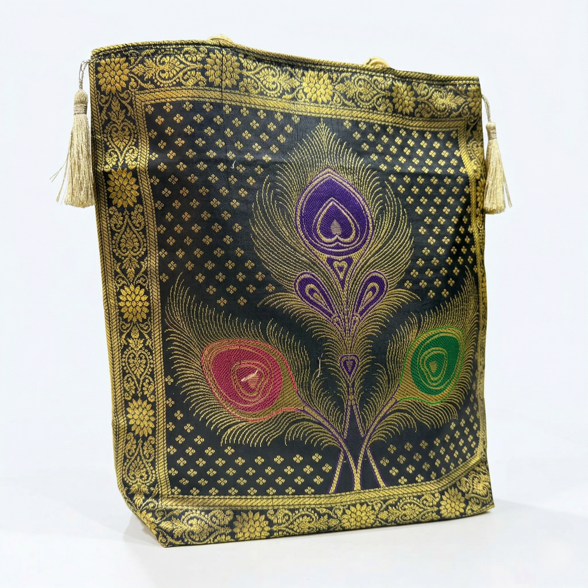 Royal Peacock Embroidered Ethnic Tote Bag for Women with Golden Handles Designer Festive & Wedding Shoulder Bag