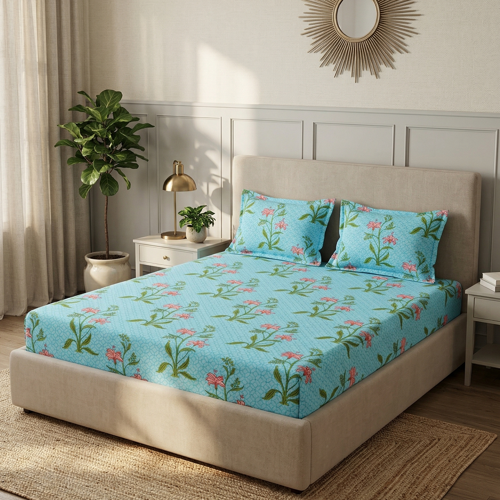 Cotton Bedsheet with 2 Pillow Covers Soft Breathable Aqua Blue Floral Design Double Bed