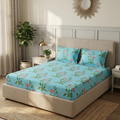 Cotton Bedsheet with 2 Pillow Covers Soft Breathable Aqua Blue Floral Design Double Bed