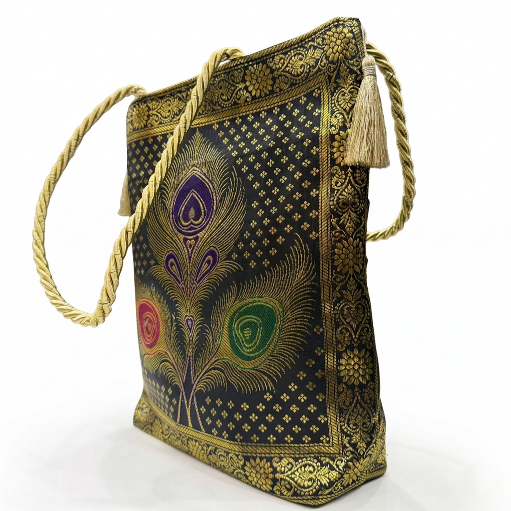 Royal Peacock Embroidered Ethnic Tote Bag for Women with Golden Handles Designer Festive & Wedding Shoulder Bag
