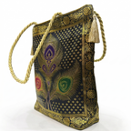 Royal Peacock Embroidered Ethnic Tote Bag for Women with Golden Handles Designer Festive & Wedding Shoulder Bag