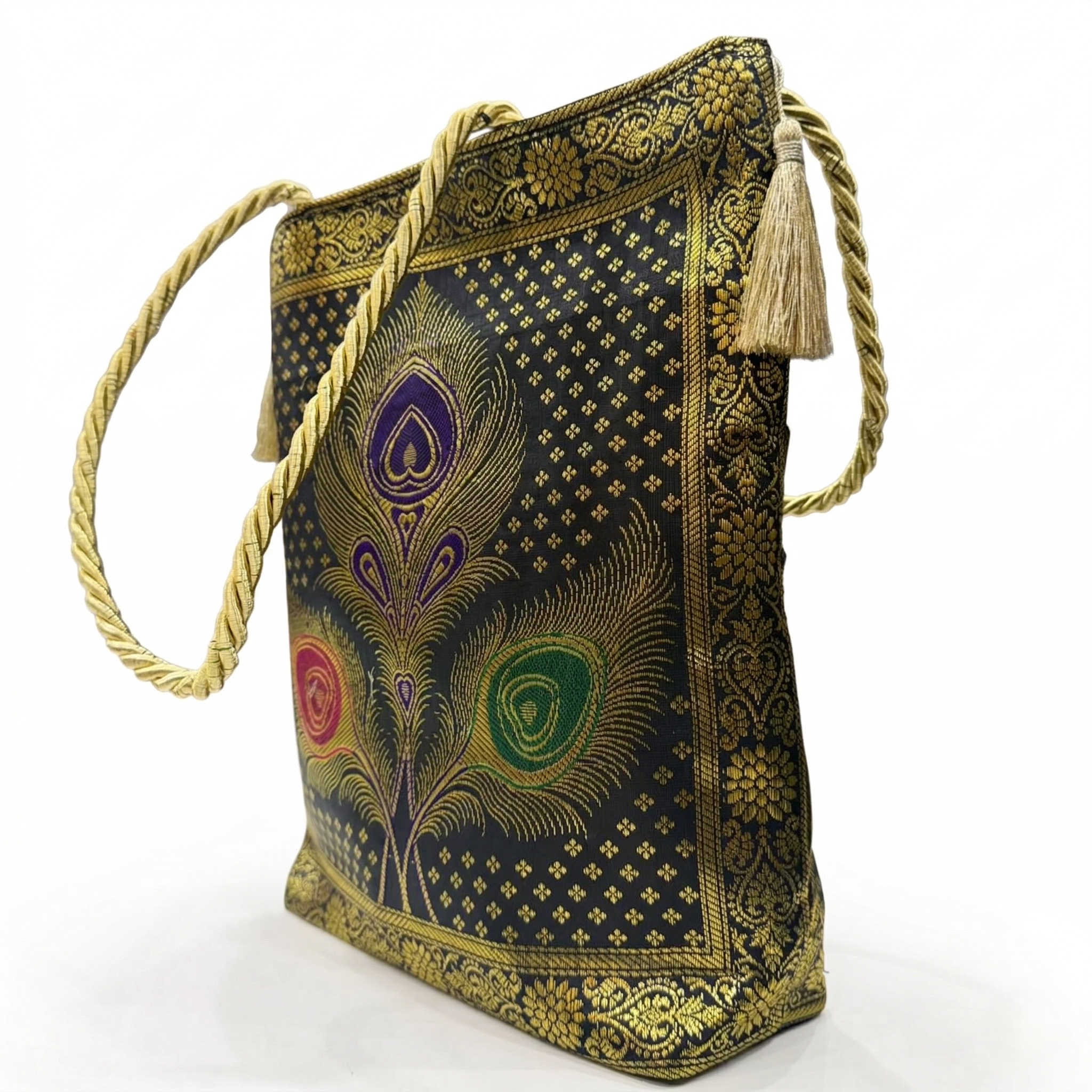 Royal Peacock Embroidered Ethnic Tote Bag for Women with Golden Handles Designer Festive & Wedding Shoulder Bag