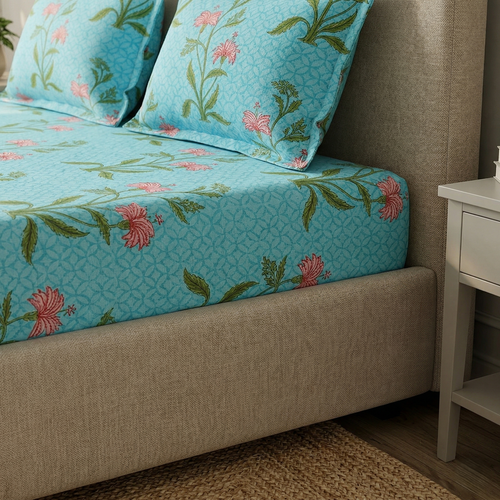 Cotton Bedsheet with 2 Pillow Covers Soft Breathable Aqua Blue Floral Design Double Bed
