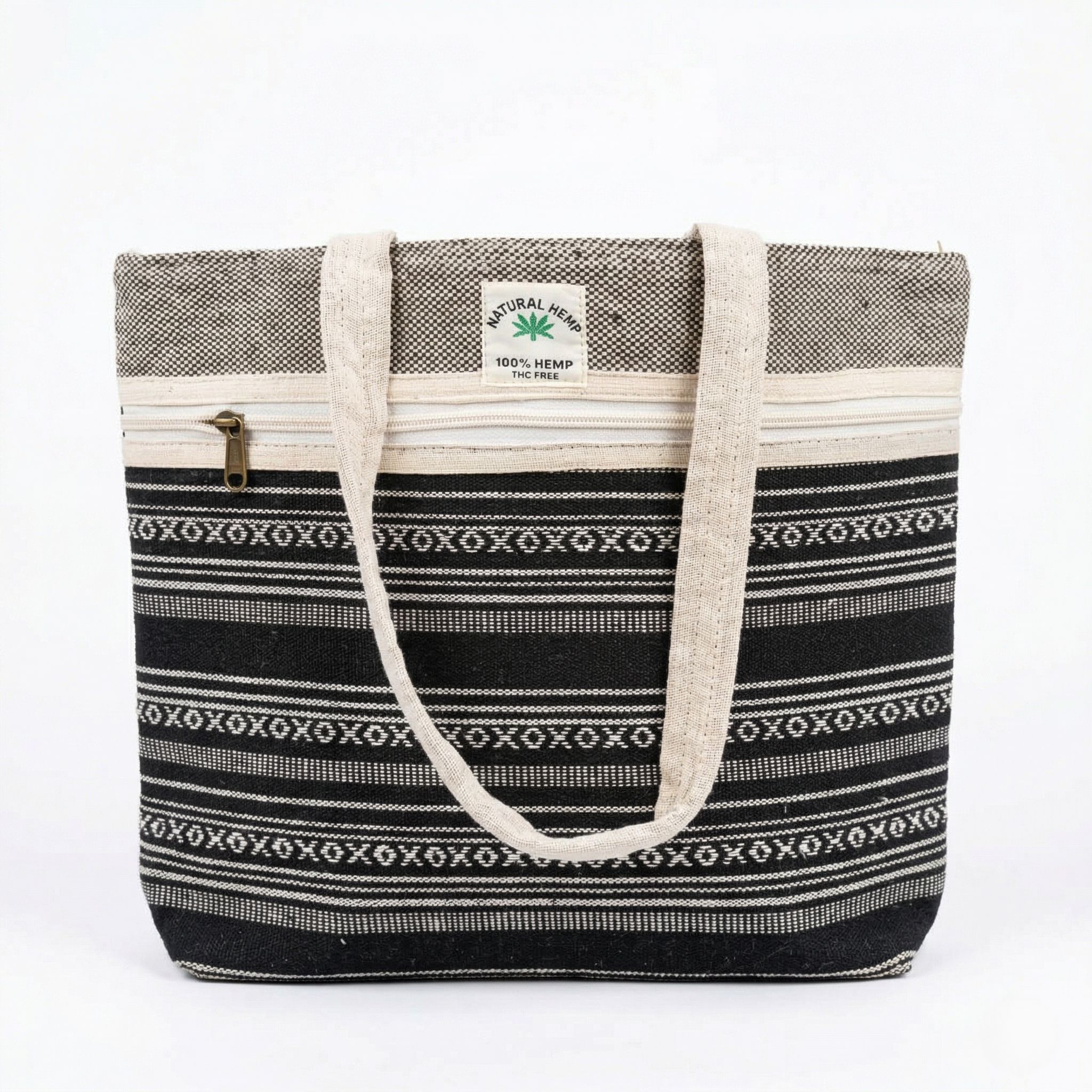 Premium Hemp Fabric Women's Tote Bag with Zipper Black & White Printed Travel & Daily Use