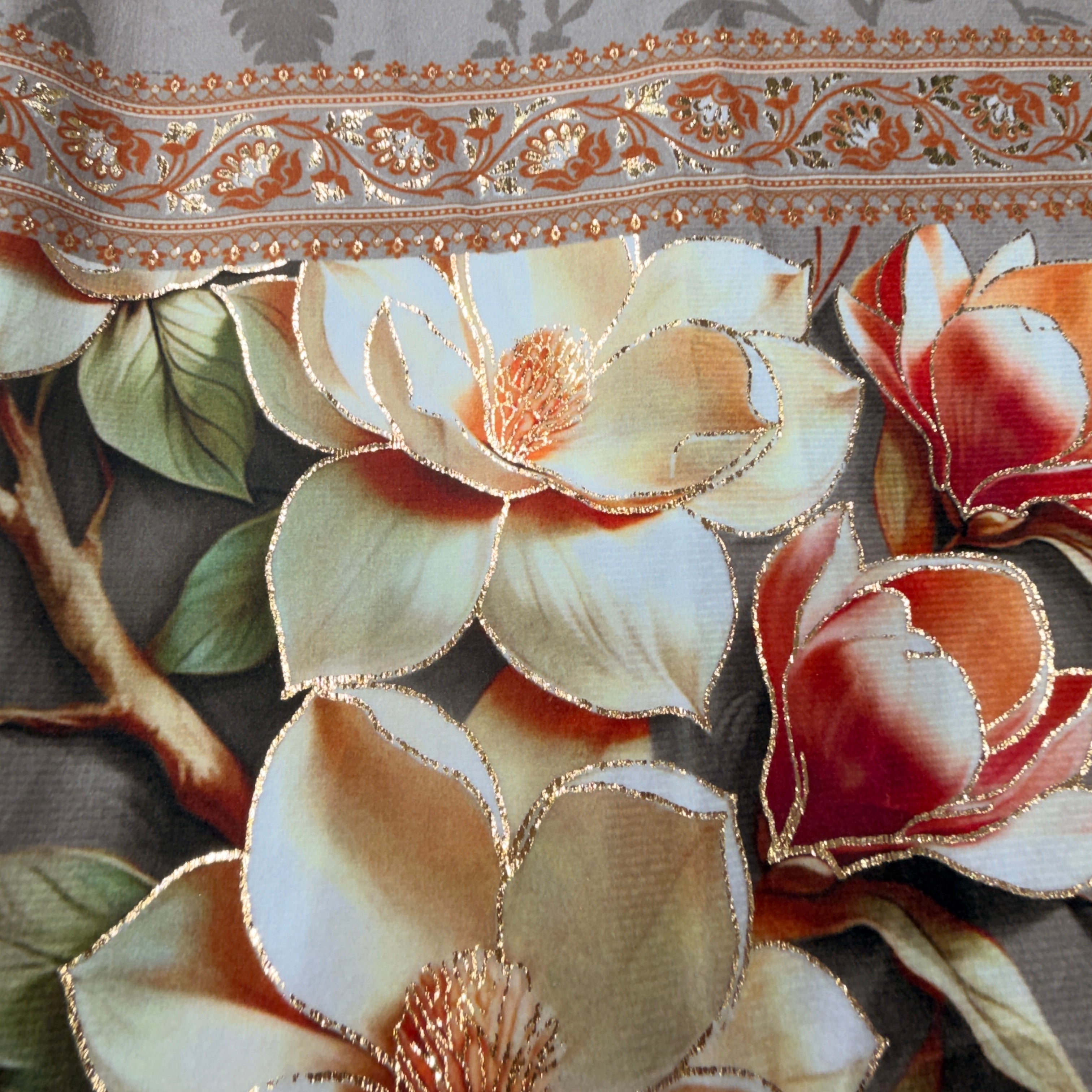 Close-up of floral fabric with intricate patterns and embroidery