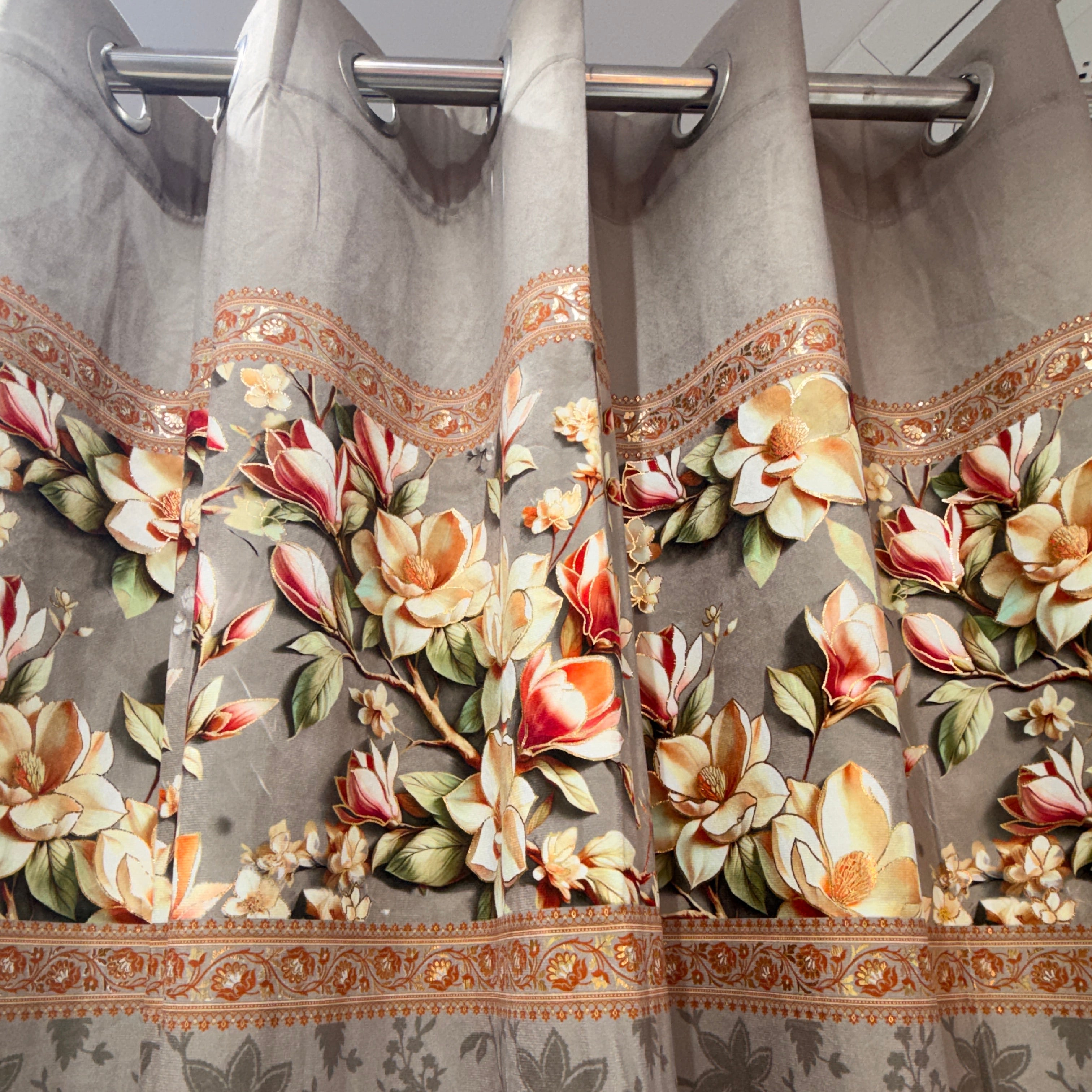 Close-up of a decorative floral pattern on a textured surface