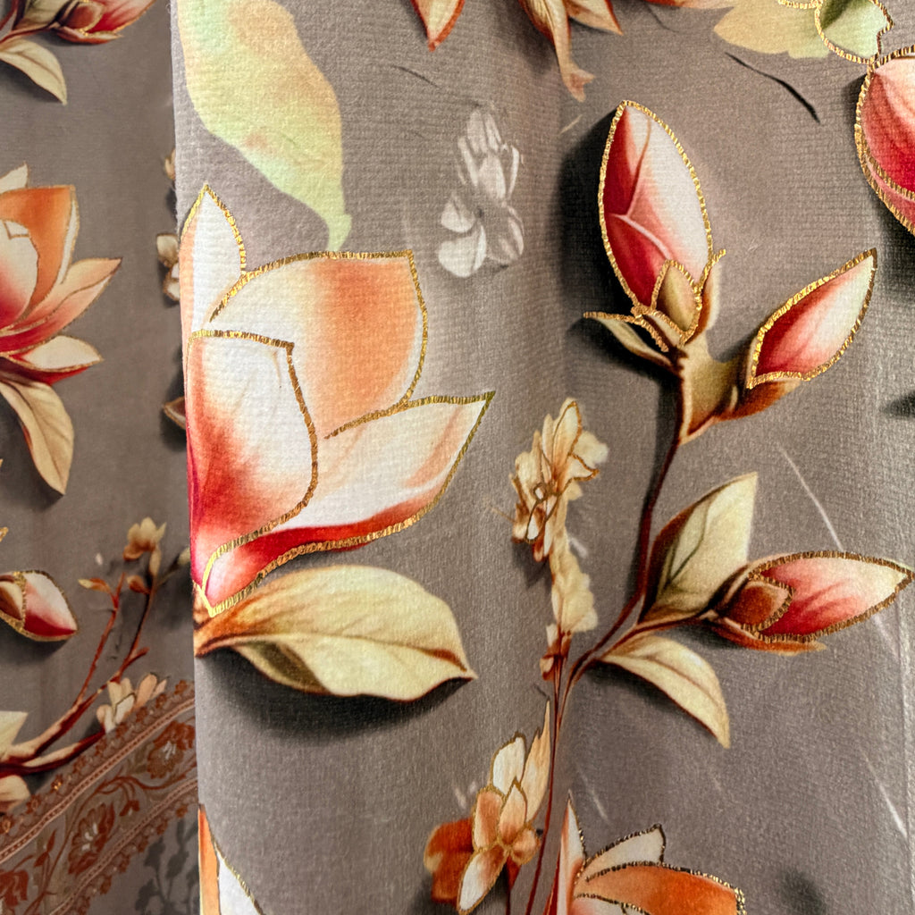 Magnolia Floral Elegance 7D Print Door Eyelet Curtain Velvet in Camel Brown 7ft