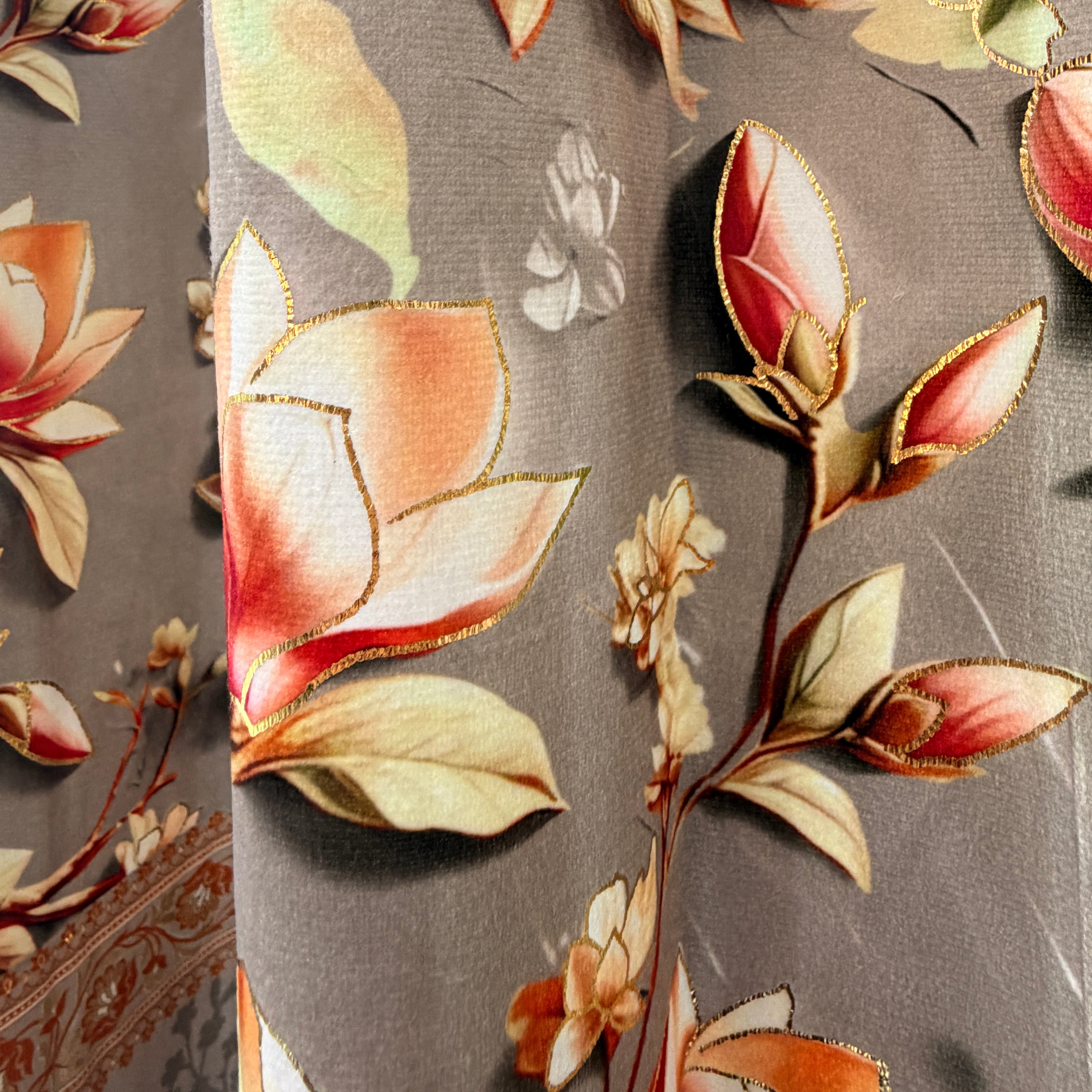 Magnolia Floral Elegance 7D Print Door Eyelet Curtain Velvet in Camel Brown 7ft