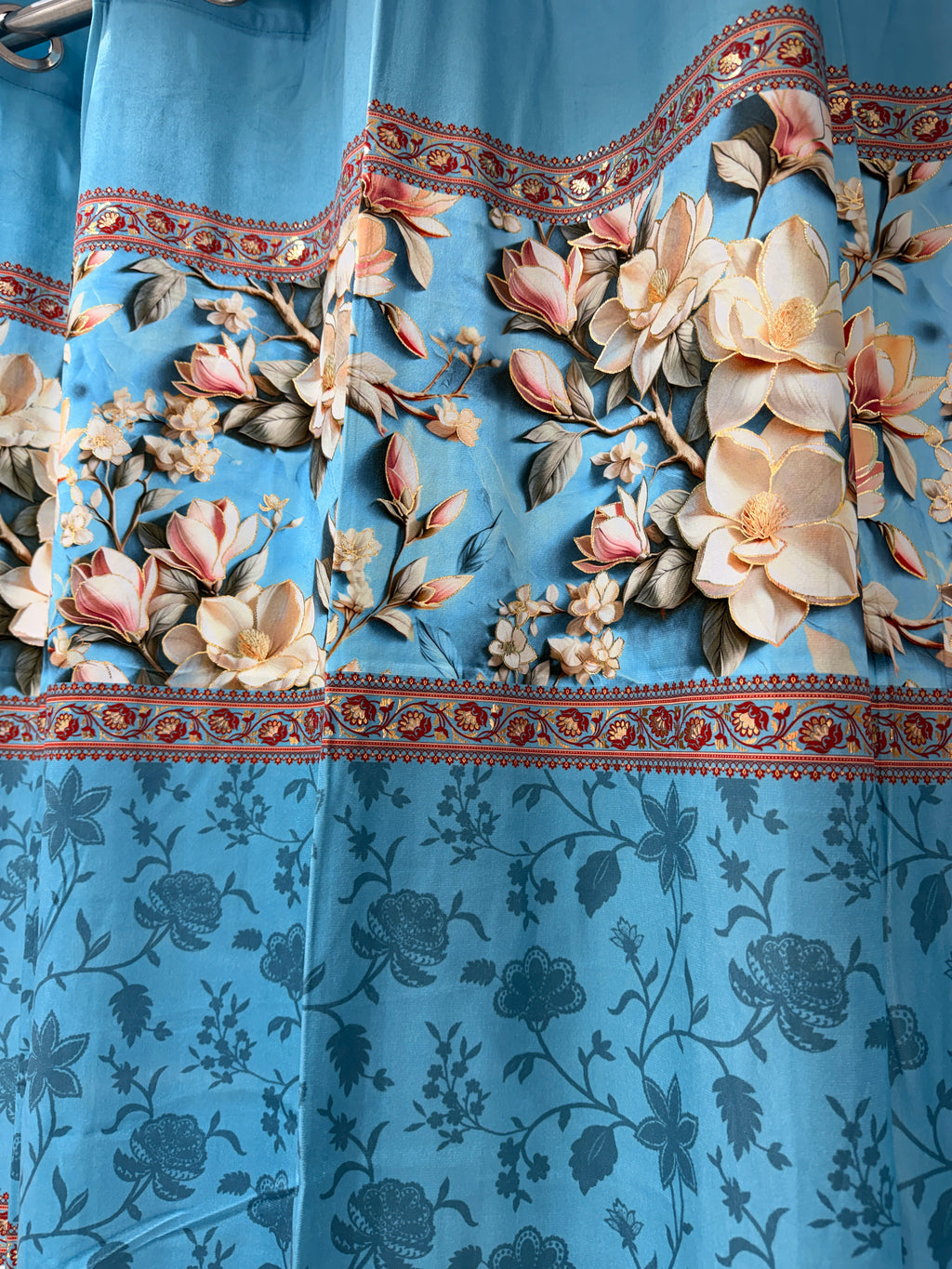 Magnolia Blossom 7D Embroidered Eyelet Curtain Panel Ocean Blue 7ft