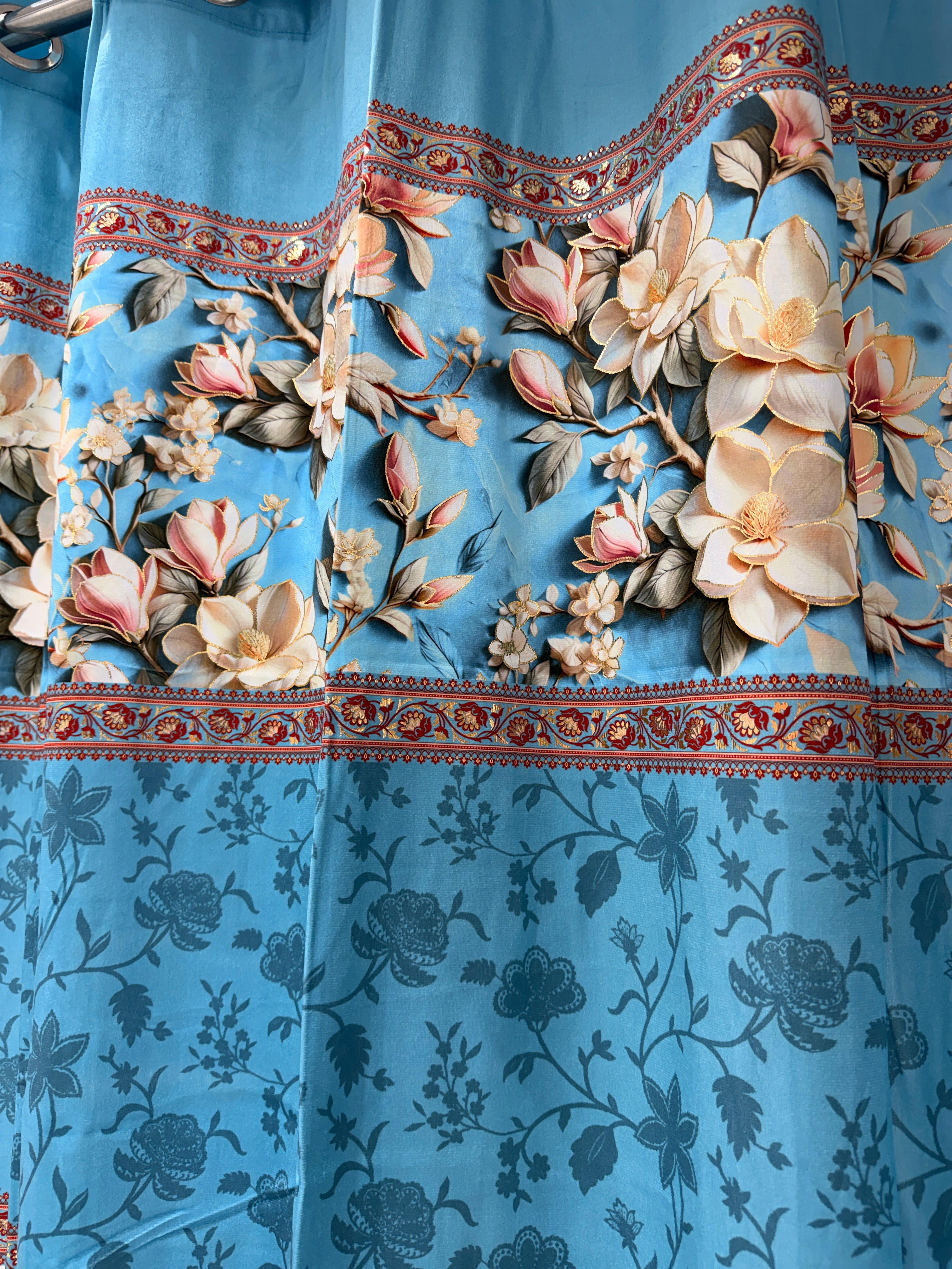 Magnolia Blossom 7D Embroidered Eyelet Curtain Panel Ocean Blue 7ft