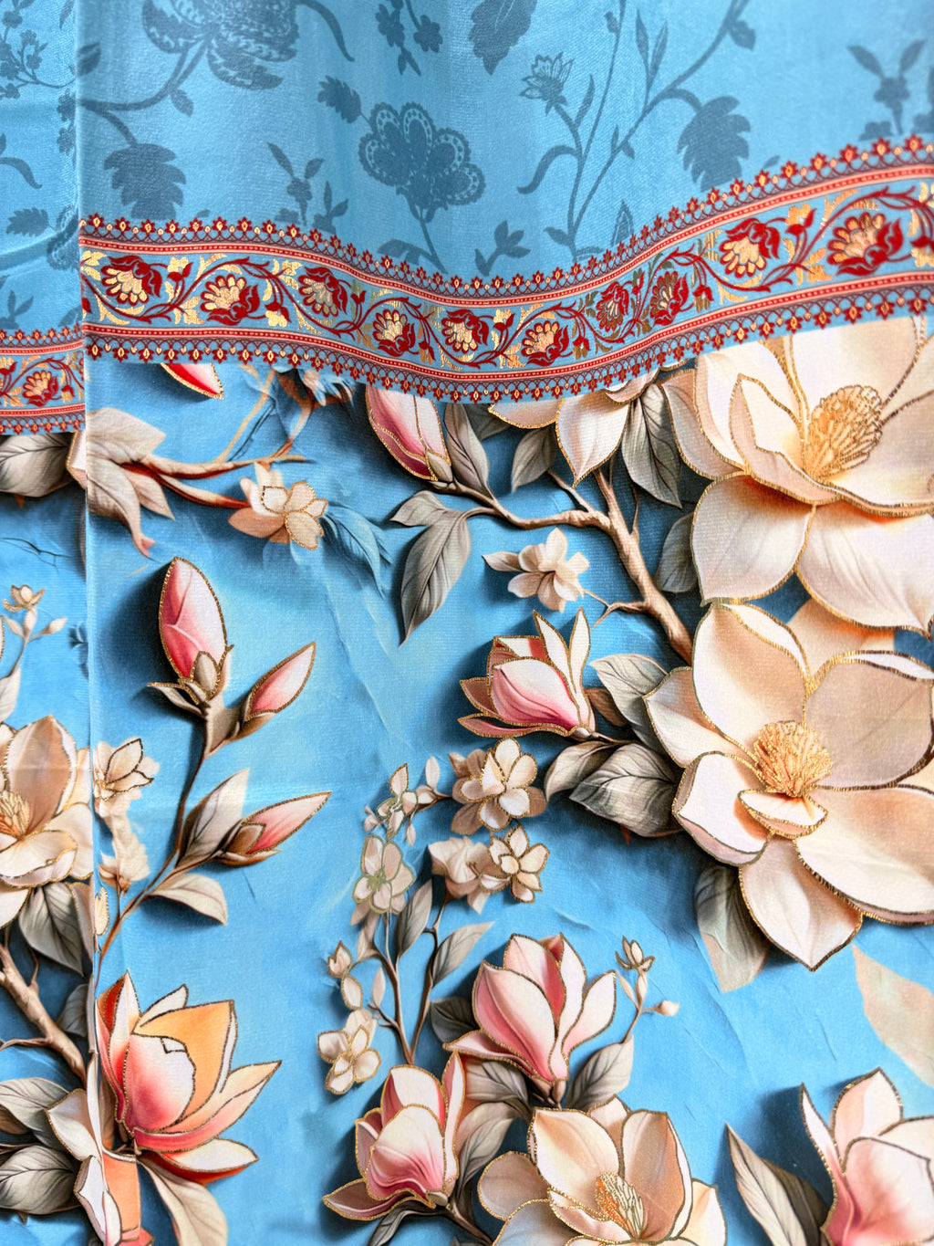 Magnolia Blossom 7D Embroidered Eyelet Curtain Panel Ocean Blue 7ft