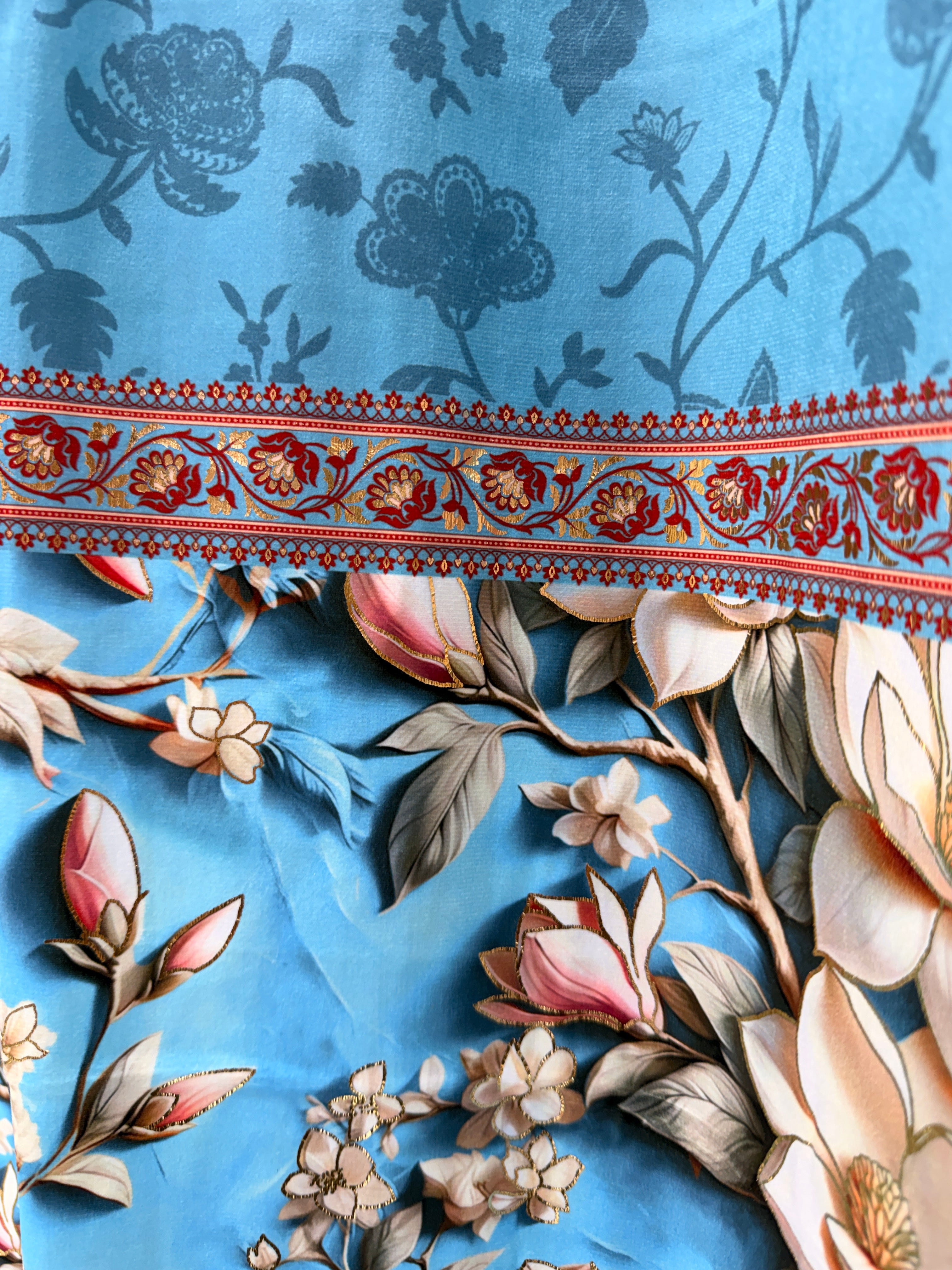 Magnolia Blossom 7D Embroidered Eyelet Curtain Panel Ocean Blue 7ft