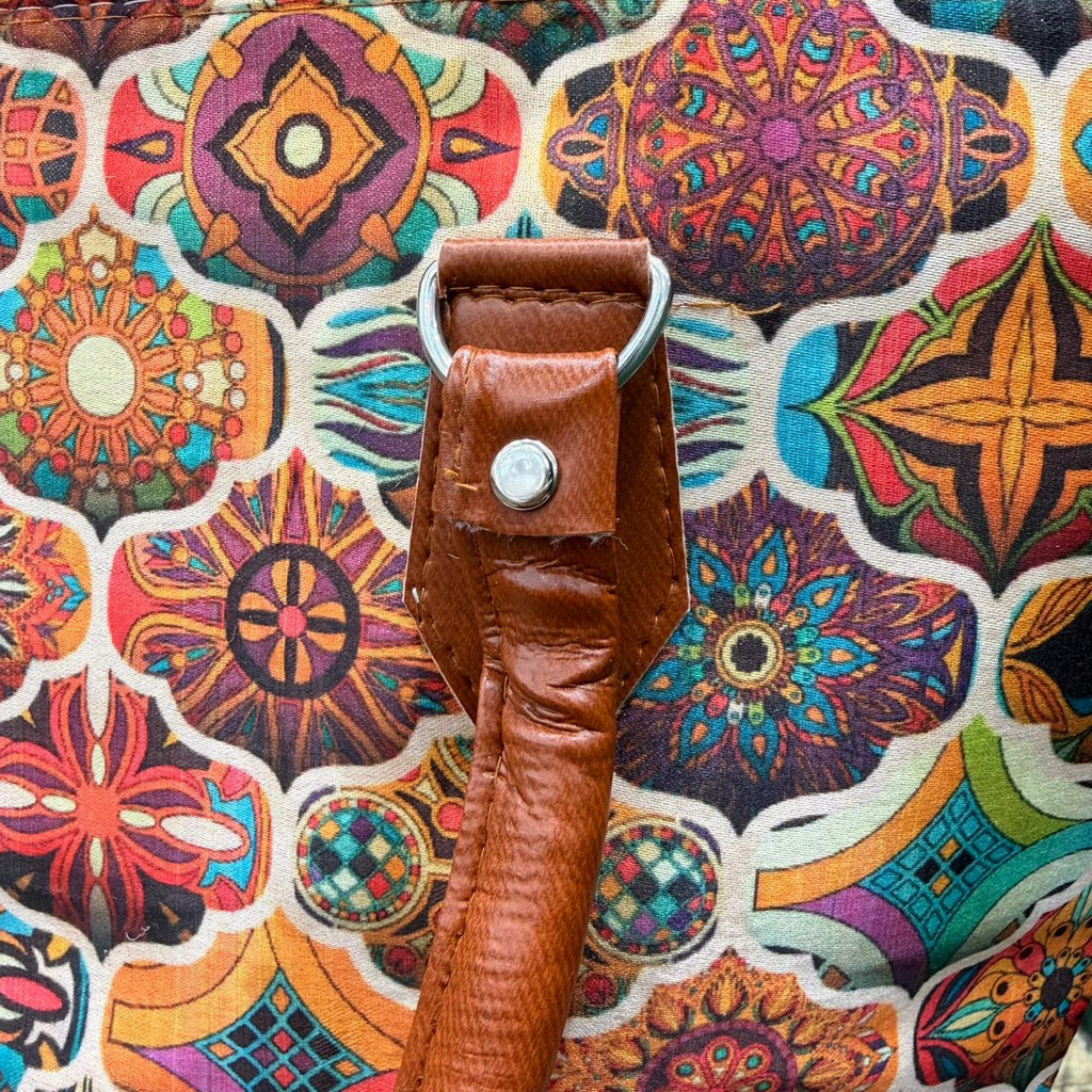 Colorful Moroccan Pattern Tote Bag with Brown Leather Handles
