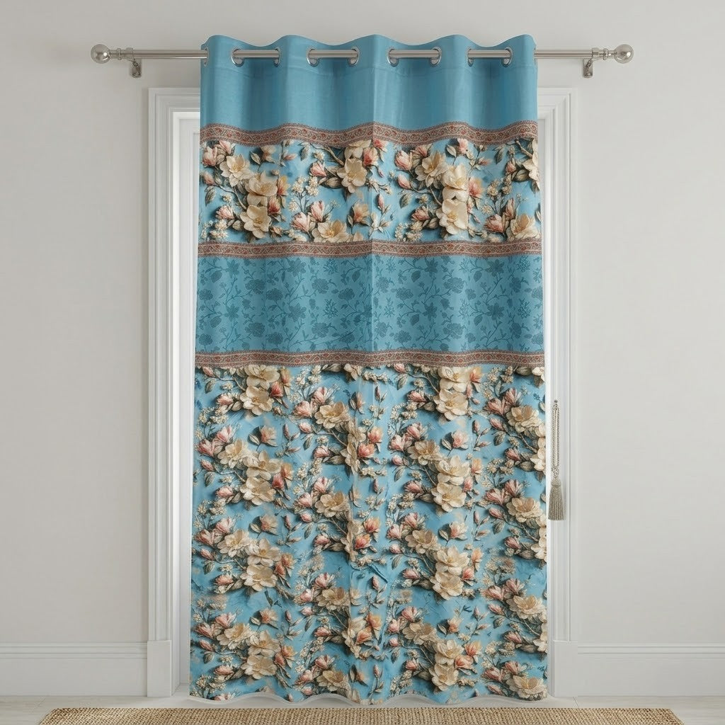 Magnolia Blossom 7D Embroidered Eyelet Curtain Panel Ocean Blue 7ft